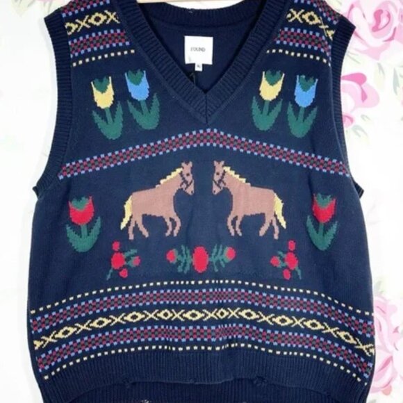 Free People Found Horse Isles Knit Navy Blue Sweater Vest NWOT - Picture 3 of 5